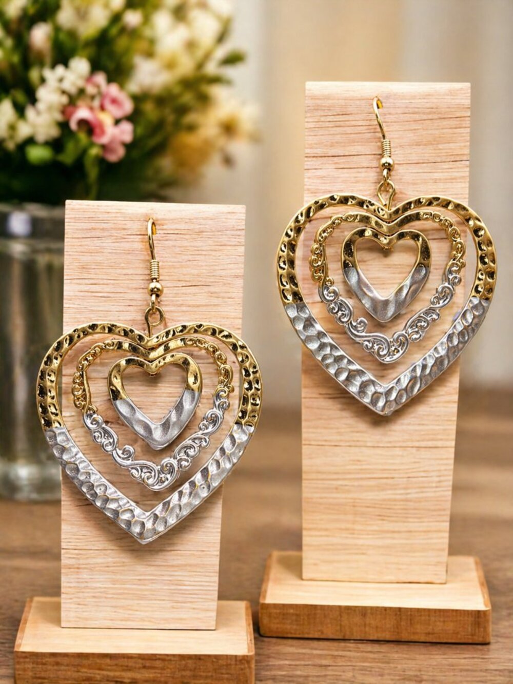Two-Tone Layered Heart Drop Earrings - Picture 3 of 5